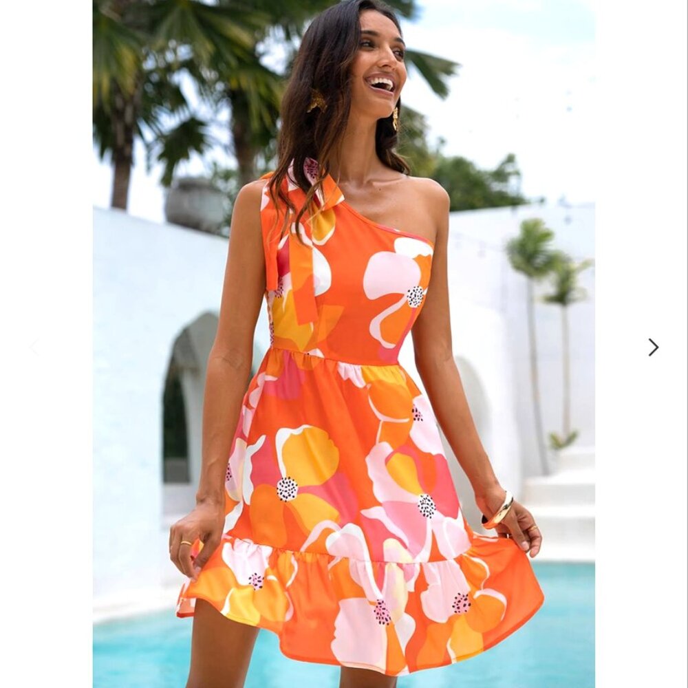 NWOT Cupshe Print Bow One Shoulder Dress Size XS - Picture 4 of 7